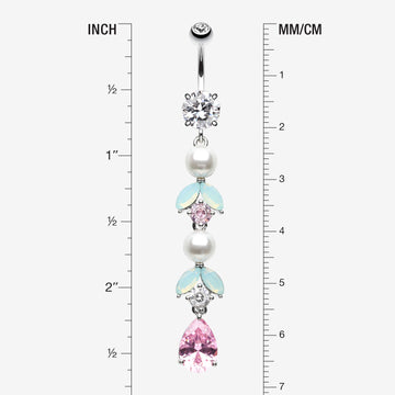 Detail View 1 of Pastel Lumi Pearlescent Dangle Leaf Drop Belly Button Ring-Clear Gem/Pink